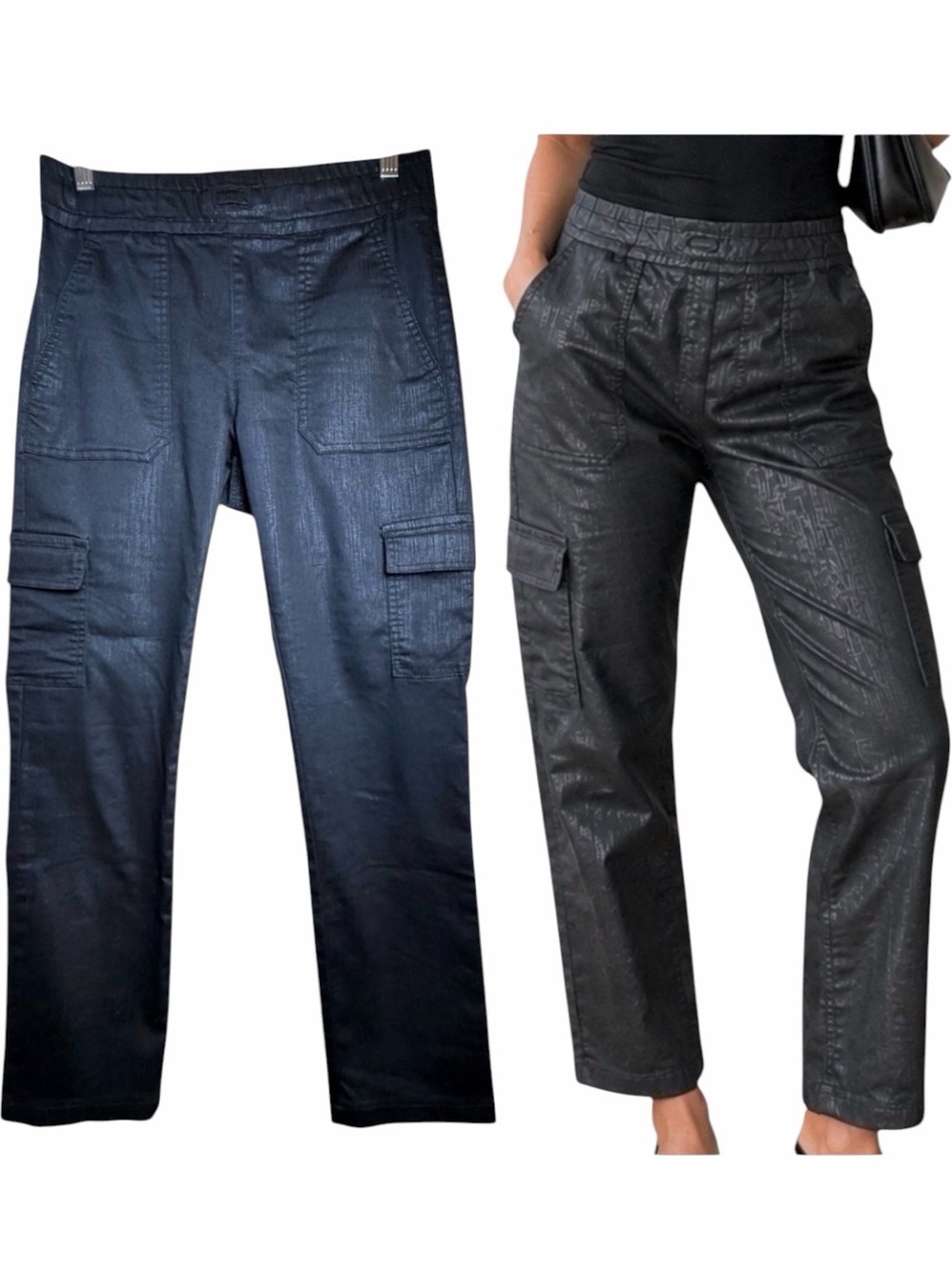 Bevy Flog Black Coated Cargo Pants Womens 26 Cropped Straight Leg